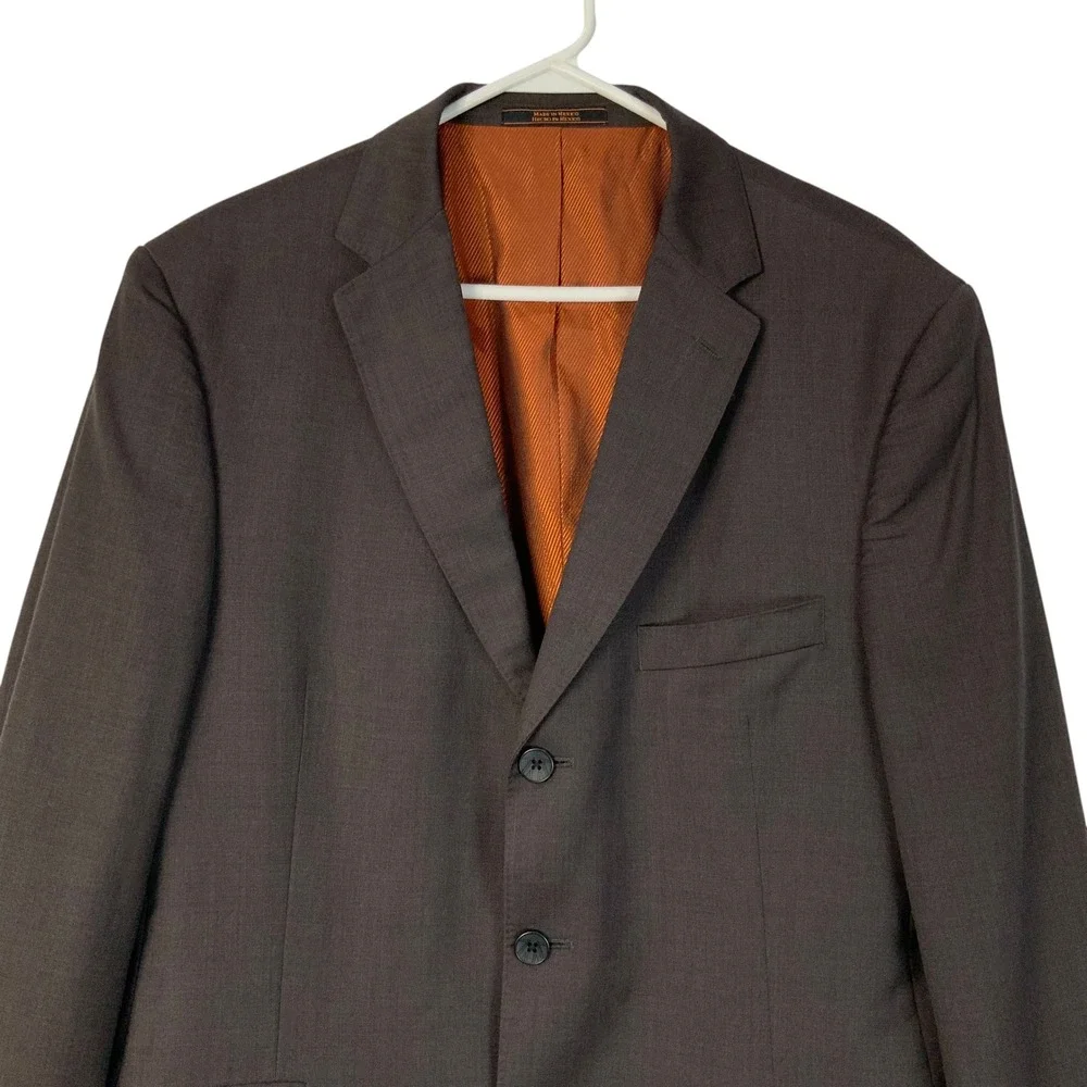 Ben Sherman Brown Wool Blazer 44R 3-Button Notch Lapel Long Sleeve Orange Lining